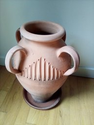 Large 4 Handled Terra Cotta Pot With Terra Cotta Round Water Catching Tray   DR