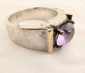 Vintage Silver Ring With Light Purple Stone And Gold Tone Detail