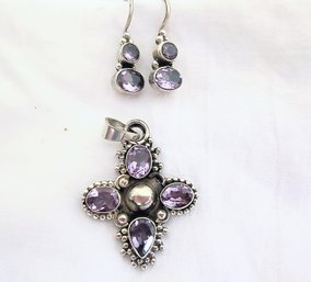 Silver And Light Purple Stone Jewelry Set - Pendant And Earrings