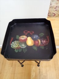 Charming Tole Hand Painted Metal Tray / Table With Metal Bamboo Style Stand      LR