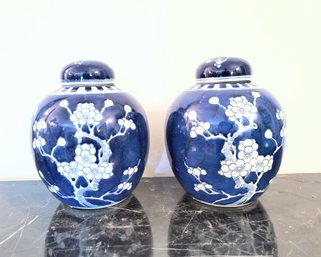 Pair Of Cobalt Blue Painted Ceramic Ginger Jars