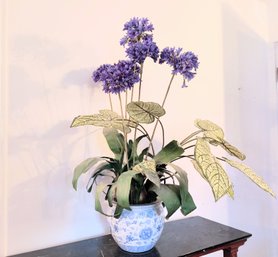 Blue And White Ceramic Jardiniere With Faux Flowers