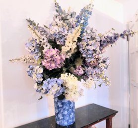 Blue And White Ceramic Vase With Faux Flowers, Including Hydrangeas