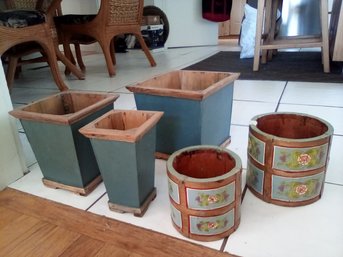 Two Sets Of Wood Nesting Planters, All Hand Painted Plus One Terra Cotta Drip Tray (Italy) LR