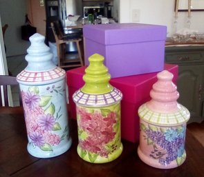 Pottery By Laurie Gates - 3 Cannister Set With 2 Pretty Gift Boxes Included Set Looks New LR