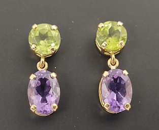 BEAUTIFUL 14K GOLD AMETHYST & PERIDOT DROP EARRINGS