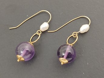 VINTAGE 14K GOLD AMETHYST & PEARL DROP EARRINGS