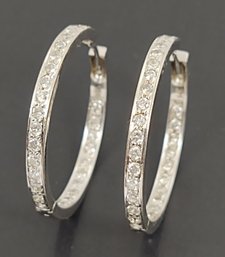 STUNNING 14K WHITE GOLD 0.90ctw DIAMOND 30mm HOOP EARRINGS