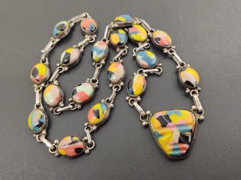 VINTAGE MEXICAN STERLING SILVER MULTI COLORED RESIN INLAY FACE NECKLACE