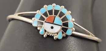 ZUNI NATIVE AMERICAN STERLING SILVER MULTI STONE INLAY SUNFACE CUFF BRACELET