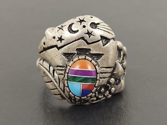 VINTAGE SOUTHWESTERN STERLING SILVER MULTI STONE INLAY BEAR FETISH RING