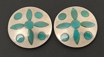 ZUNI NATIVE AMERICAN PETER & PANSY NATACHU STERLING SILVER TURQUOISE INLAID EARRINGS