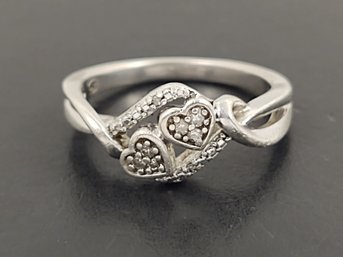 BEAUTIFUL STERLING SILVER DIAMOND DOUBLE HEART RING