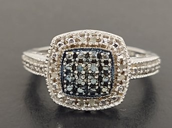 STUNNING STERLING SILVER BLUE & WHITE DIAMOND RING