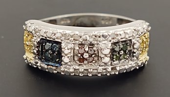 BEAUTIFUL STERLING SILVER MULTI COLORED DIAMOND RING