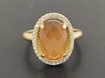 STUNNING GOLD OVER STERLING SILVER COUCHON CUT GLASS CABOCH RING