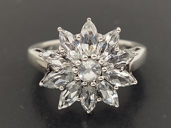 STUNNING STERLING SILVER WHITE TOPAZ FLOWER RING