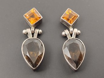 VINTAGE STERLING SLVER CITRINE & SMOKY QUARTZ EARRINGS