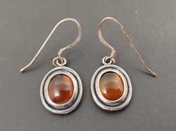 VINTAGE STERLING SILVER BALTIC AMBER CABOCHON EARRINGS