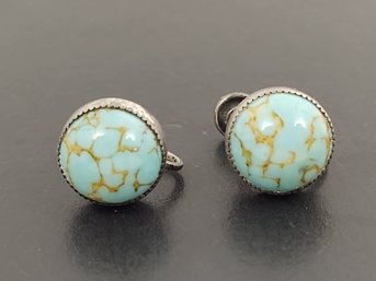 VINTAGE STERLING SILVER FAUX TURQUOISE GLASS CABOCHON SCREW BACK EARRINGS