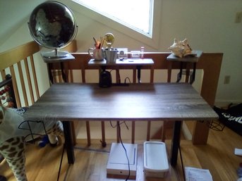 Desk By James Dar, LLC, 3 Adjustable Raised Work Surface & A Rolling Leathery Chair -- Loft BR