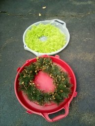 Two Wreaths With Storage Box From The Container Store - Green Feather & Christmas Wreaths