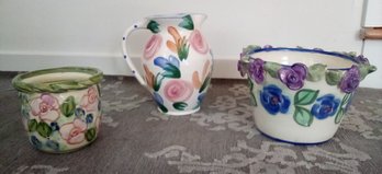 Two Lively & Colorful Floral Pastel Ceramic Ware, Pitcher & Pot, Signed      LR