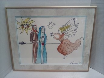 Vibrant Christian Themed Watercolor Signed Adams 2020, Double Matted In Brass Toned Metal Frame WAB