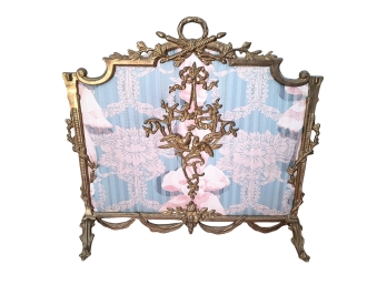 Very Pretty Vintage Fireplace Screen In Upholstered Fabric And Brass