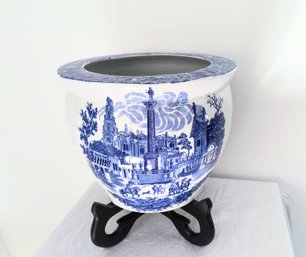 Large Blue And White Vintage English Ironstone Pot/jardiniere With Wood Base