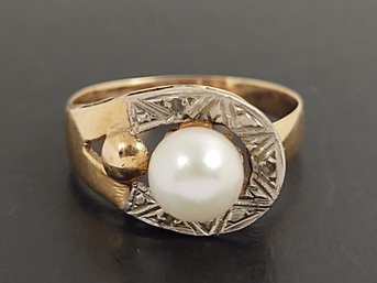 ANTIQUE 18K ROSE GOLD 6.3mm PEARL & TINY DIAMOND RING