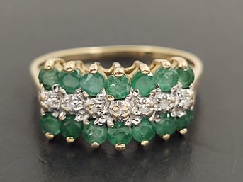 VINTAGE 10K GOLD EMERALD & DIAMOND ROWS RING