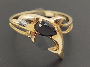 VINTAGE 10K GOLD ONYX & DIAMOND DOLPHIN RING