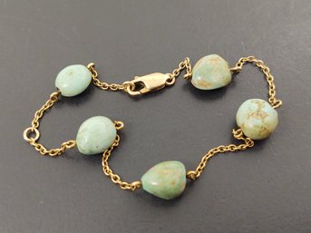 VINTAGE 14K GOLD NATURAL TURQUOISE STATION BRACELET