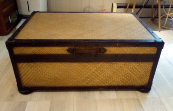 Woven Patterned Trunk With Metal Trim & Leather Front Handle - Bun Feet - Paper Lined  Den