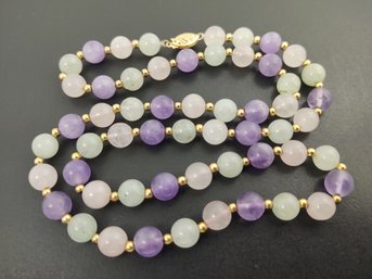 VINTAGE 14K GOLD 8mm JADE AMETHYST & ROSE QUARTZ BEADED NECKLACE 24'