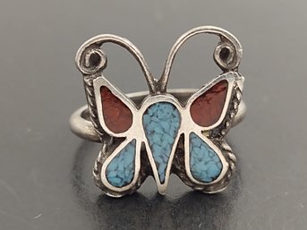 VINTAGE NATIVE AMERICAN STERLING SILVER TURQUOISE & CORAL BUTTERFLY RING