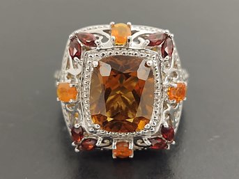 STUNNING STERLING SILVER CITRINE GARNET & ORANGE FIRE OPAL RING