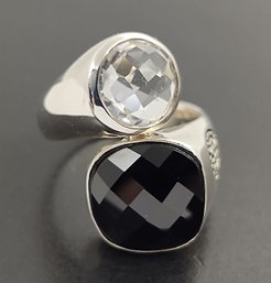 DESIGNER MICHAEL DAWKINS STERLING SILVER FACETED ONYX AND QUARTZ CRYSTAL RING