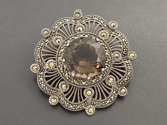 STUNNING STERLING SILVER SMOKY QUARTZ & MARCASITE PENDANT