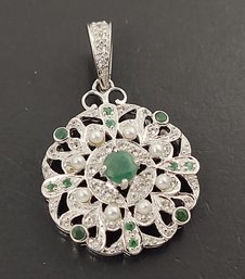 STUNNING STERLING SILVER PEARL EMERALD & WHITE TOPAZ ENHANCER PENDANT