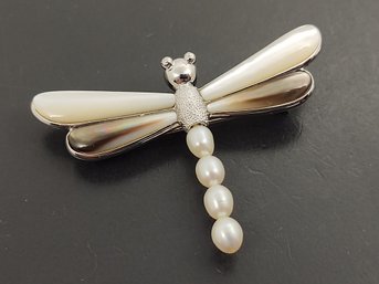 BEAUTIFUL STERLING SILVER MOTHER OF PEARL & PEARL DRAGONFLY PENDANT BROOCH