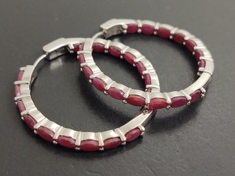 BEAUTIFUL STERLING SILVER RUBY 40mm HOOP EARRINGS