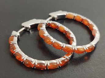 BEAUTIFUL STERLING SILVER ORANGE FIRE OPAL CABOCHON 33mm HOOP EARRINGS