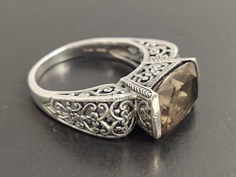 STUNNING VICTORIAN STYLE STERLING SILVER SMOKY QUARTZ RING