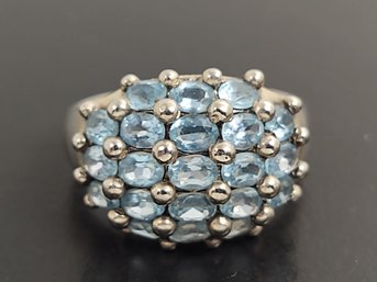 BEAUTIFUL STERLING SILVER BLUE TOPAZ CLUSTER RING