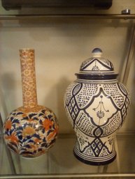 Asian Style: Blue & White Pattern Lidded Ginger Jar & Decorative Floral Design Vase- Each 12' Tall/den