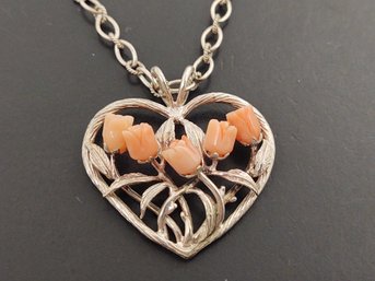 BEAUTIFUL STERLING SILVER CARVED CORAL ROSES HEART NECKLACE