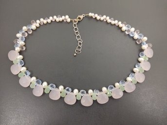 BEAUTIFUL STERLING SILVER AQUAMARINE PEARLS AND FACETED GLASS NECKLACE