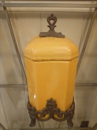 Gold Colored Ceramic Cannister With Decorative Bronze Colored Metal Top Hardware & Fancy Base/den